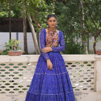 Lorenvalley Fashion Blue Faux Georgette Bandhej Print with Gotta Patti Lace Work Lehenga Choli