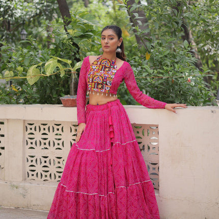 Lorenvalley Fashion Pink Faux Georgette Bandhej Print with Gotta Patti Lace Work Lehenga Choli
