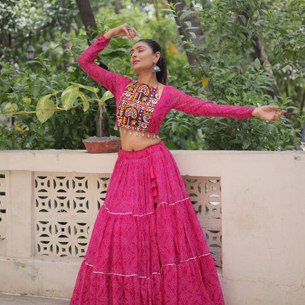 Lorenvalley Fashion Pink Faux Georgette Bandhej Print with Gotta Patti Lace Work Lehenga Choli