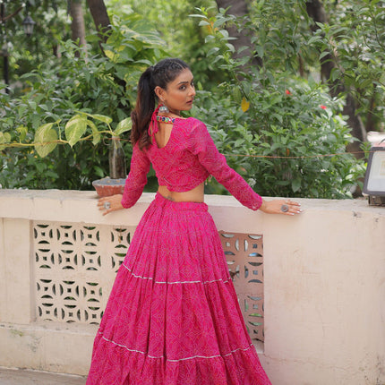 Lorenvalley Fashion Pink Faux Georgette Bandhej Print with Gotta Patti Lace Work Lehenga Choli