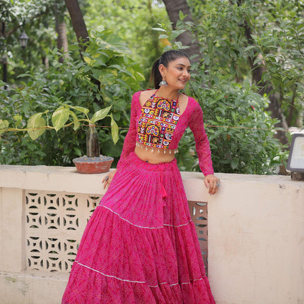 Lorenvalley Fashion Pink Faux Georgette Bandhej Print with Gotta Patti Lace Work Lehenga Choli