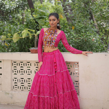 Lorenvalley Fashion Pink Faux Georgette Bandhej Print with Gotta Patti Lace Work Lehenga Choli
