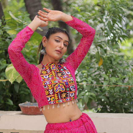 Lorenvalley Fashion Pink Faux Georgette Bandhej Print with Gotta Patti Lace Work Lehenga Choli