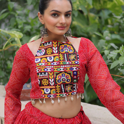 Lorenvalley Fashion Red Faux Georgette Bandhej Print with Gotta Patti Lace Work Lehenga Choli