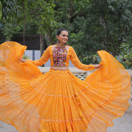 Lorenvalley Fashion Yellow Faux Georgette Bandhej Print with Gotta Patti Lace Work Lehenga Choli