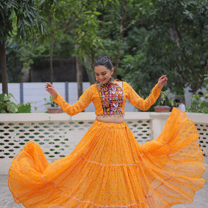 Lorenvalley Fashion Yellow Faux Georgette Bandhej Print with Gotta Patti Lace Work Lehenga Choli