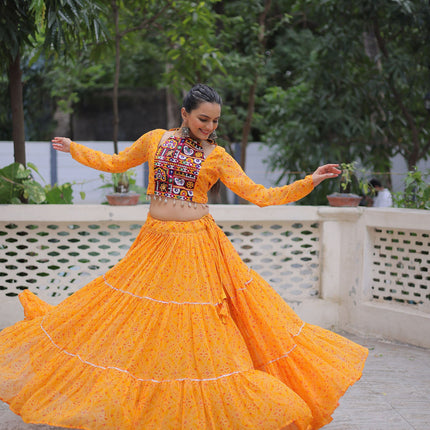 Lorenvalley Fashion Yellow Faux Georgette Bandhej Print with Gotta Patti Lace Work Lehenga Choli