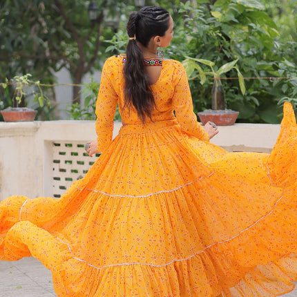 Lorenvalley Fashion Yellow Faux Georgette Bandhej Print with Gotta Patti Lace Work Lehenga Choli