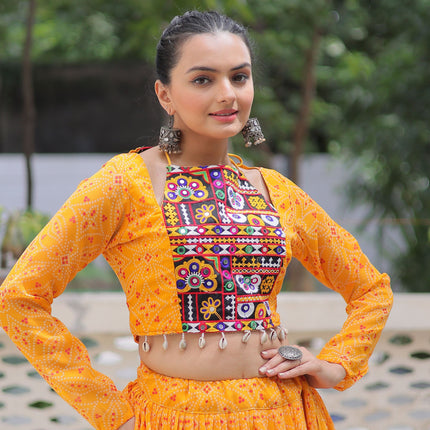 Lorenvalley Fashion Yellow Faux Georgette Bandhej Print with Gotta Patti Lace Work Lehenga Choli