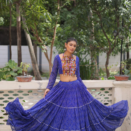 Prazu Fashion Blue Georgette Bandhej Print With Gotta Patti Lehenga For Navratri