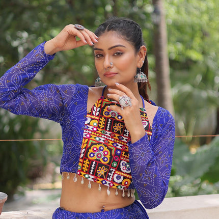 Prazu Fashion Blue Georgette Bandhej Print With Gotta Patti Lehenga For Navratri