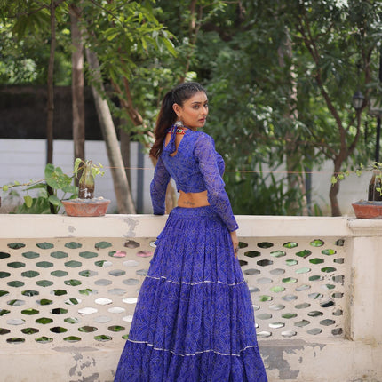 Prazu Fashion Blue Georgette Bandhej Print With Gotta Patti Lehenga For Navratri