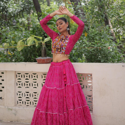 Prazu Fashion Pink Georgette Bandhej Print With Gotta Patti Lehenga For Navratri