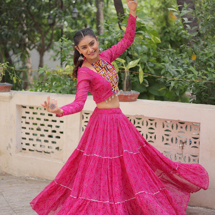 Prazu Fashion Pink Georgette Bandhej Print With Gotta Patti Lehenga For Navratri