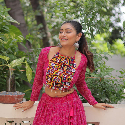 Prazu Fashion Pink Georgette Bandhej Print With Gotta Patti Lehenga For Navratri