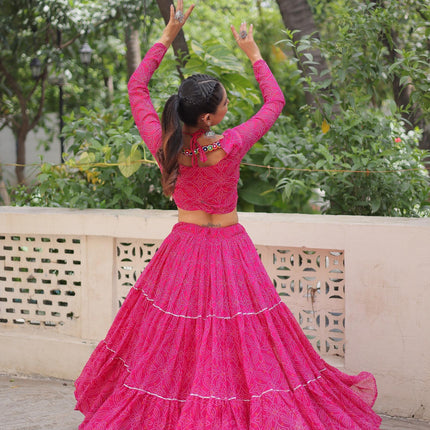 Prazu Fashion Pink Georgette Bandhej Print With Gotta Patti Lehenga For Navratri