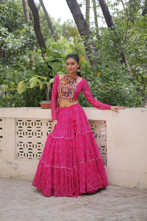 Prazu Fashion Pink Georgette Bandhej Print With Gotta Patti Lehenga For Navratri