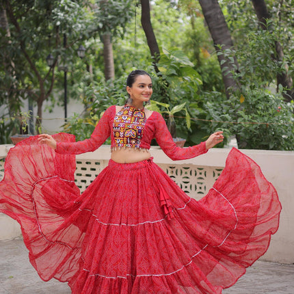 Prazu Fashion Red Georgette Bandhej Print With Gotta Patti Lehenga For Navratri