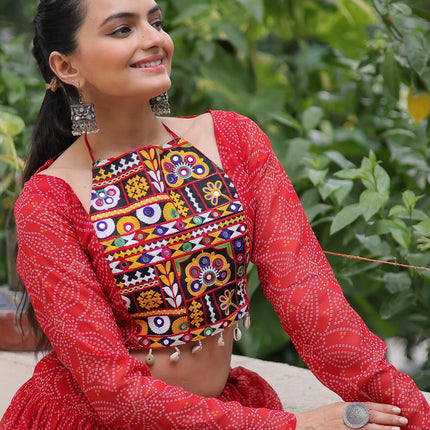 Prazu Fashion Red Georgette Bandhej Print With Gotta Patti Lehenga For Navratri