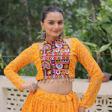 Prazu Fashion Yellow Georgette Bandhej Print With Gotta Patti Lehenga For Navratri