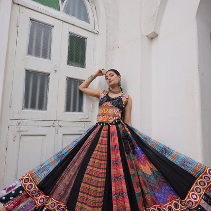 Prazu Fashion Black Georgette Print With Gamthi Work Navratri Lehenga