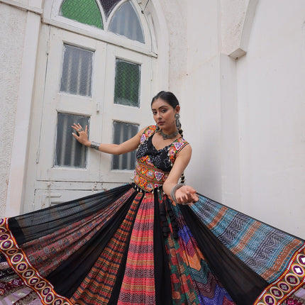 Prazu Fashion Black Georgette Print With Gamthi Work Navratri Lehenga