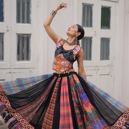 Prazu Fashion Black Georgette Print With Gamthi Work Navratri Lehenga