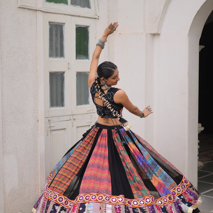 Prazu Fashion Black Georgette Print With Gamthi Work Navratri Lehenga