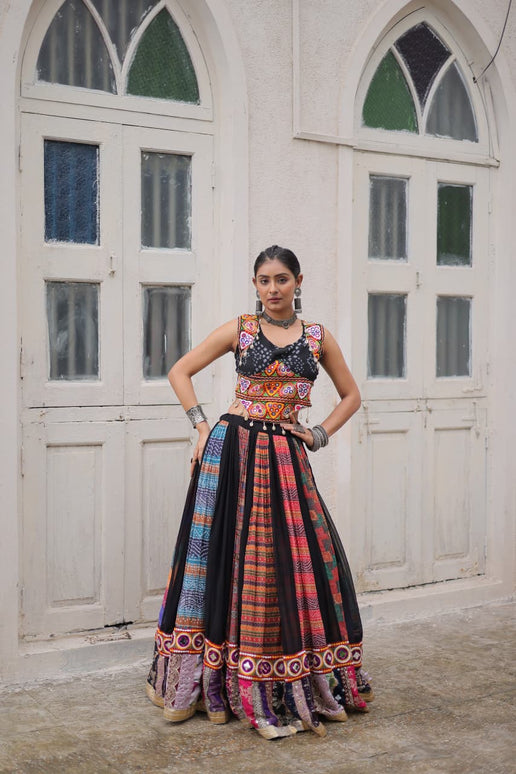 Prazu Fashion Black Georgette Print With Gamthi Work Navratri Lehenga