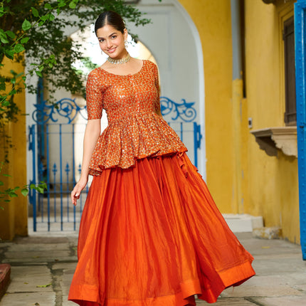 Lorenvalley Fashion Orange Fendy Silk Plain Lehenga with Embroidered work Choli