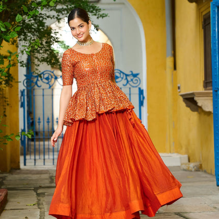 Prazu Fashion Orange Fendy Silk Embroidered Designer Lehenga