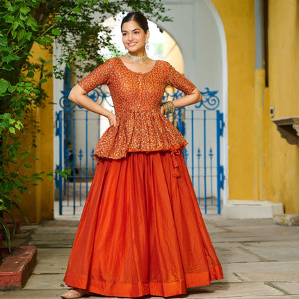 Prazu Fashion Orange Fendy Silk Embroidered Designer Lehenga