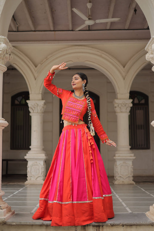 Lorenvalley Fashion Multicolor Roman Silk with attractive combination of Mirror lace embellished work Lehenga Choli