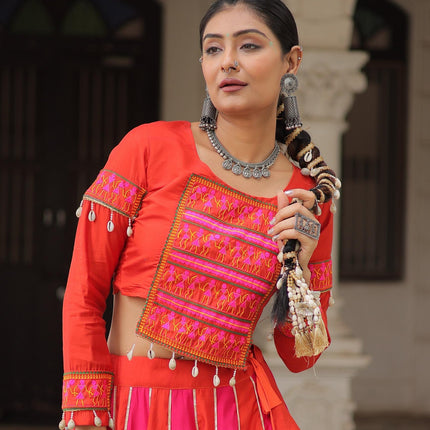 Prazu Fashion Red Roman With Gamthi Thread Embroidered Work Lehenga For Navratri