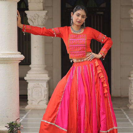 Prazu Fashion Red Roman With Gamthi Thread Embroidered Work Lehenga For Navratri