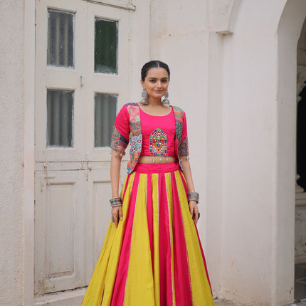 Lorenvalley Fashion Multicolor Roman Silk with attractive Maslin Crochet Print & Gotta lace embellished work Lehenga Choli