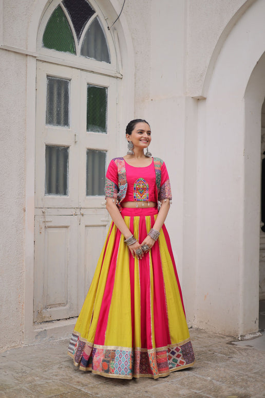 Lorenvalley Fashion Multicolor Roman Silk with attractive Maslin Crochet Print & Gotta lace embellished work Lehenga Choli