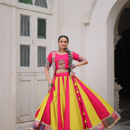 Lorenvalley Fashion Multicolor Roman Silk with attractive Maslin Crochet Print & Gotta lace embellished work Lehenga Choli