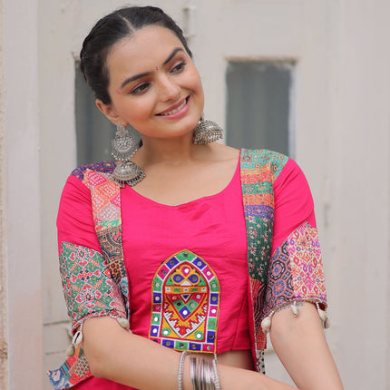 Lorenvalley Fashion Multicolor Roman Silk with attractive Maslin Crochet Print & Gotta lace embellished work Lehenga Choli