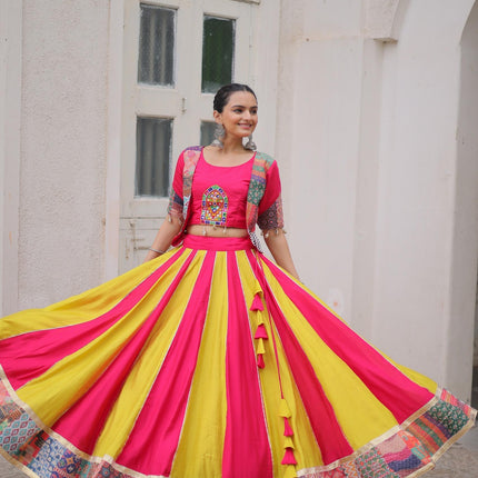 Prazu Fashion Pink Roman With Attractive Maslin Crochet Print Lehenga For Navratri