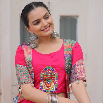 Prazu Fashion Pink Roman With Attractive Maslin Crochet Print Lehenga For Navratri