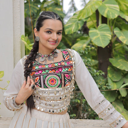 Prazu Fashion Off White Roman Kutchi Gamthi Embroidered Work Lehenga For Navratri