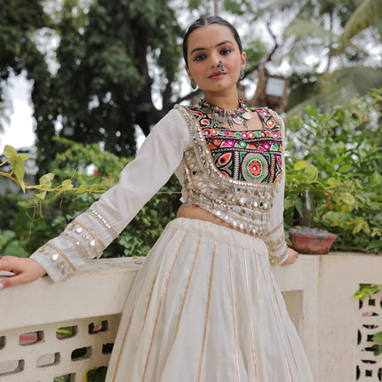 Prazu Fashion Off White Roman Kutchi Gamthi Embroidered Work Lehenga For Navratri