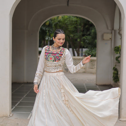 Prazu Fashion Off White Roman Kutchi Gamthi Embroidered Work Lehenga For Navratri