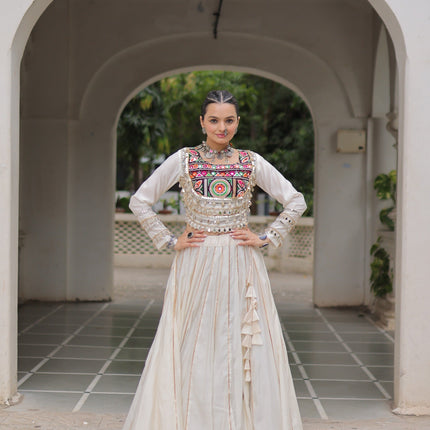 Prazu Fashion Off White Roman Kutchi Gamthi Embroidered Work Lehenga For Navratri