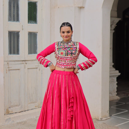 Prazu Fashion Pink Roman Kutchi Gamthi Embroidered Work Lehenga For Navratri