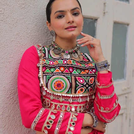 Prazu Fashion Pink Roman Kutchi Gamthi Embroidered Work Lehenga For Navratri