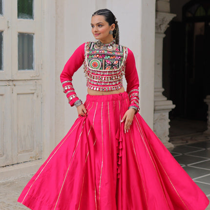 Prazu Fashion Pink Roman Kutchi Gamthi Embroidered Work Lehenga For Navratri