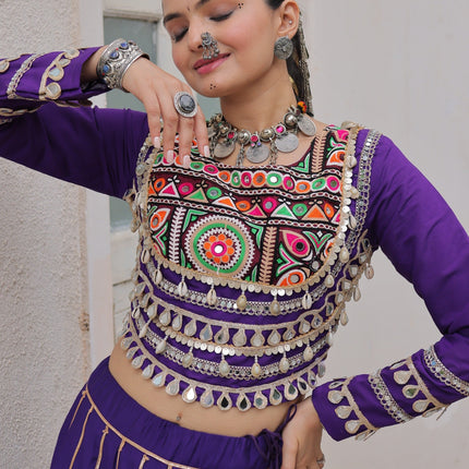 Prazu Fashion Purple Roman Kutchi Gamthi Embroidered Work Lehenga For Navratri