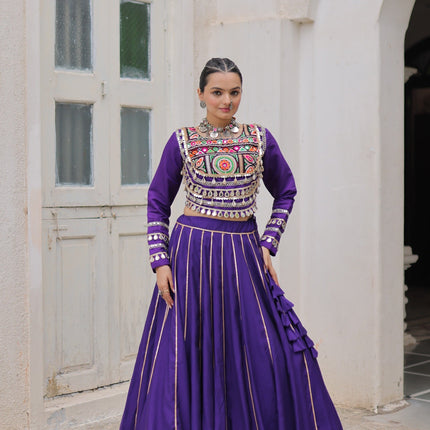 Prazu Fashion Purple Roman Kutchi Gamthi Embroidered Work Lehenga For Navratri